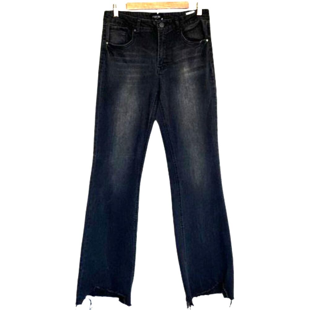 C'est Toi Black Label Distressed High Rise Flare Jeans Womens 9 Raw Hem Goth